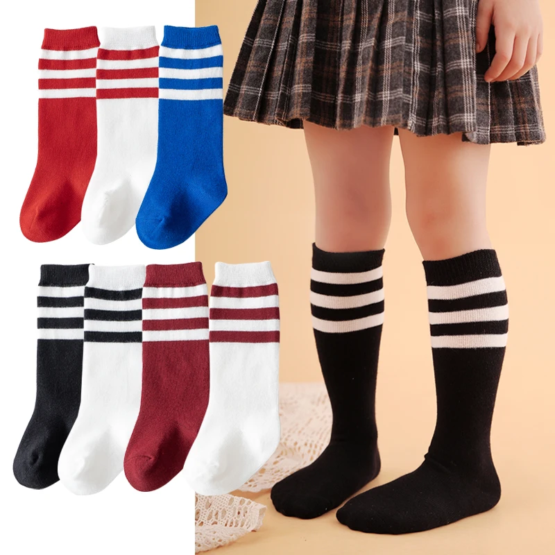 

Spring Autumn Kids Knee High Long Socks 100% Cotton Preppy Style Children School Stocking Black White Stripes Sports Socks 0-8y