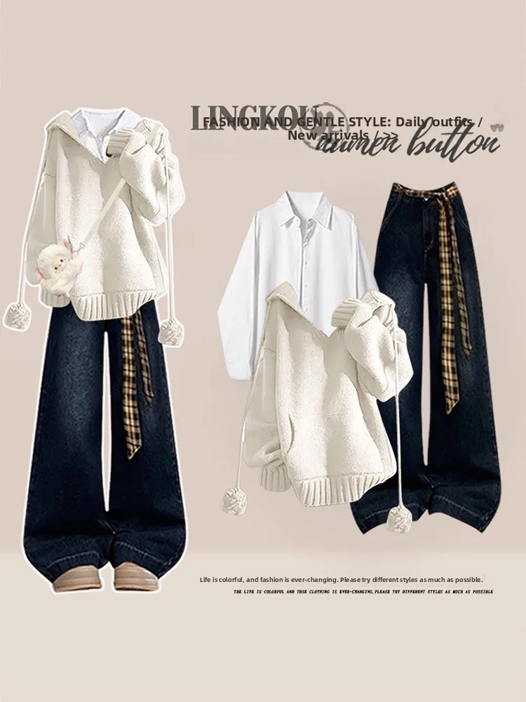 

Women's Large Size Spring Autumn High-End Feelings Set Retro Denim Hoodie Base irt Tee-Piece Set Korean Sle Faionable...