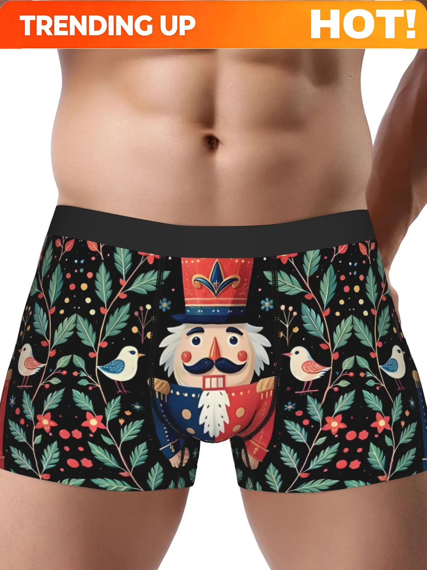 BIIHUDU Men's Nutcracker Soldier Christmas Underwear - Festive Holiday Print Boxer Briefs with Holly Berries & Snowflakes, Mid-S