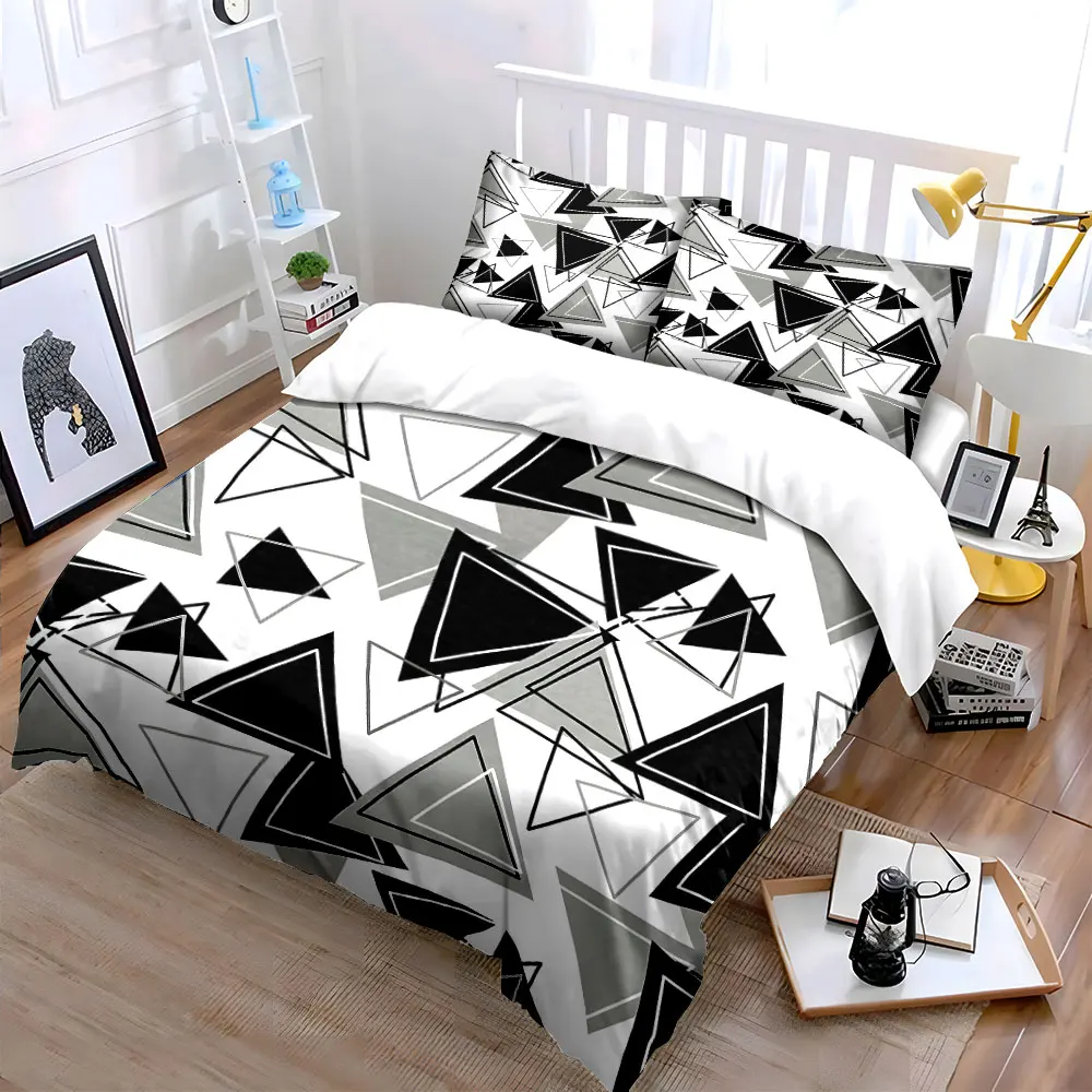 Black and Gray Triangle Patterns Printed Duvet Cover Set1 Duvet Cover+2 PillowcaseMulti Size Bedroom Bedding Decoration