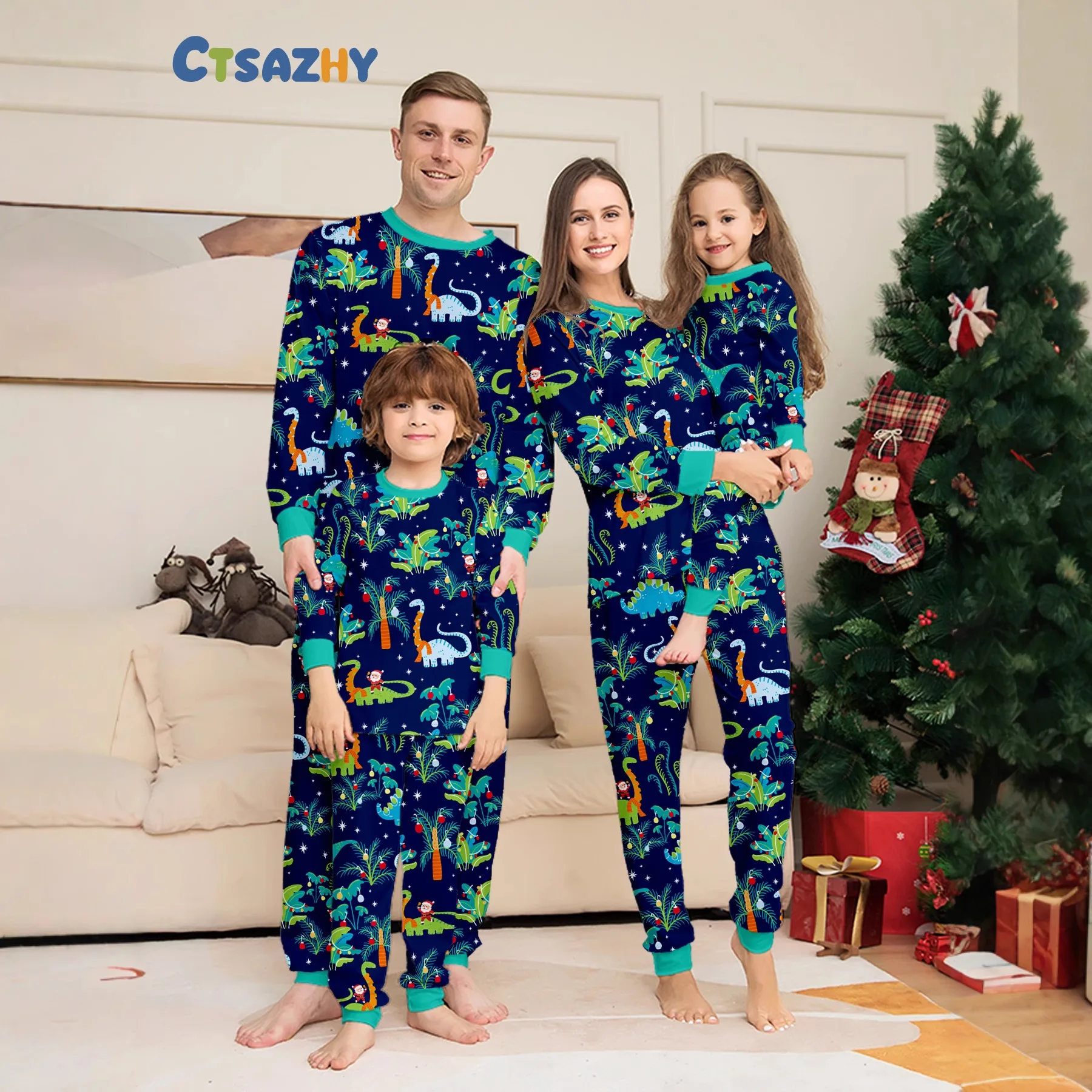 A Family Of boys, Girls Babies And Dogs With Printed Flowers European Dinosaur Christmas parent-child Pajamas And Home Wear