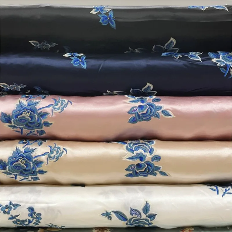 New Chinese satin acetate embroidery fabric heavy imitation Su style antique dress cheongsam clothing material