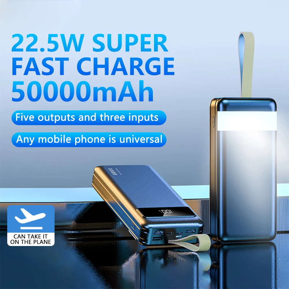 New 50000mAh 22.5W fast-charging power bank ultra-large capacity with its own light, compact and portable mobile power supply