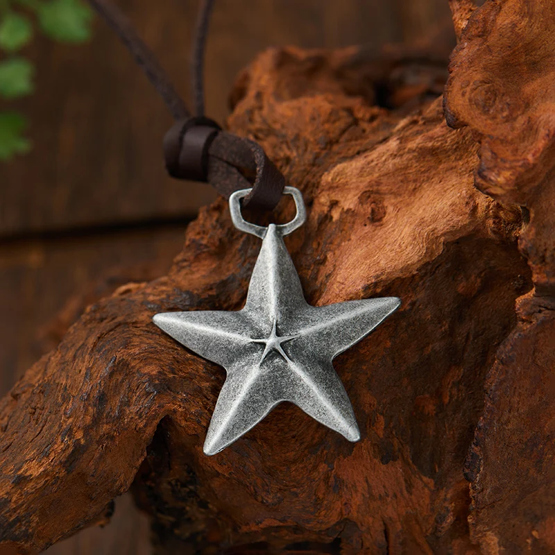 

Vintage Do Old Antique Silver Colour Pentagram Imitation Leather Necklace Men and Women Creative Simple Adjustable Necklace