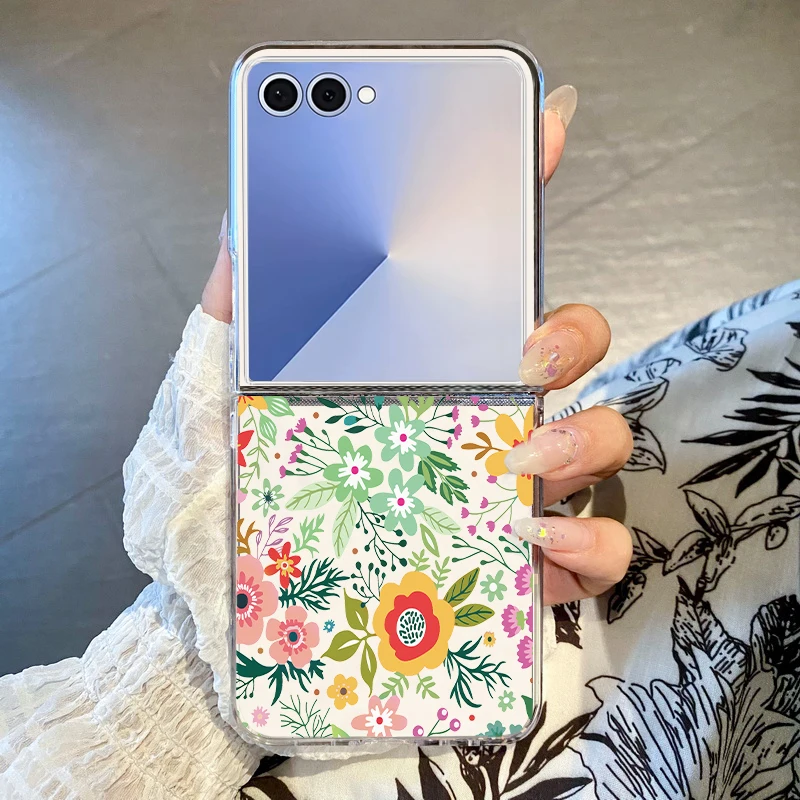 Floral Pattern Transparent Folding Phone Case For Samsung Galaxy Z Flip 7 FE 8 6 5 4 3 Flip8 Flip7 Flip6 Flip5 5G Hard PC Cover