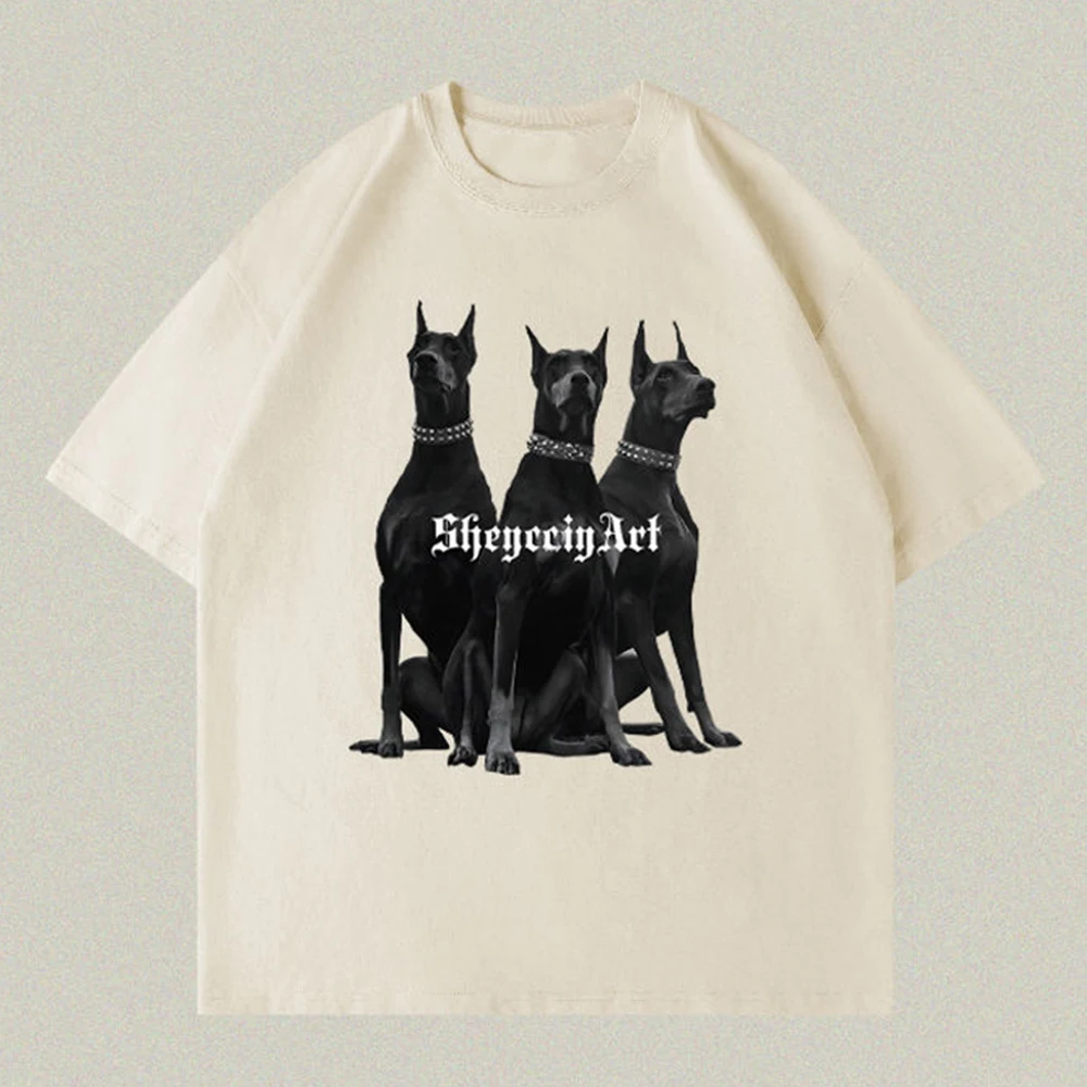 Anime Doberman Men\'s T-Shirts Hip Hop Retro American Short Sleeve Tee Tops 2023 Summer Cotton Round Neck Loose Oversized T-Shirt