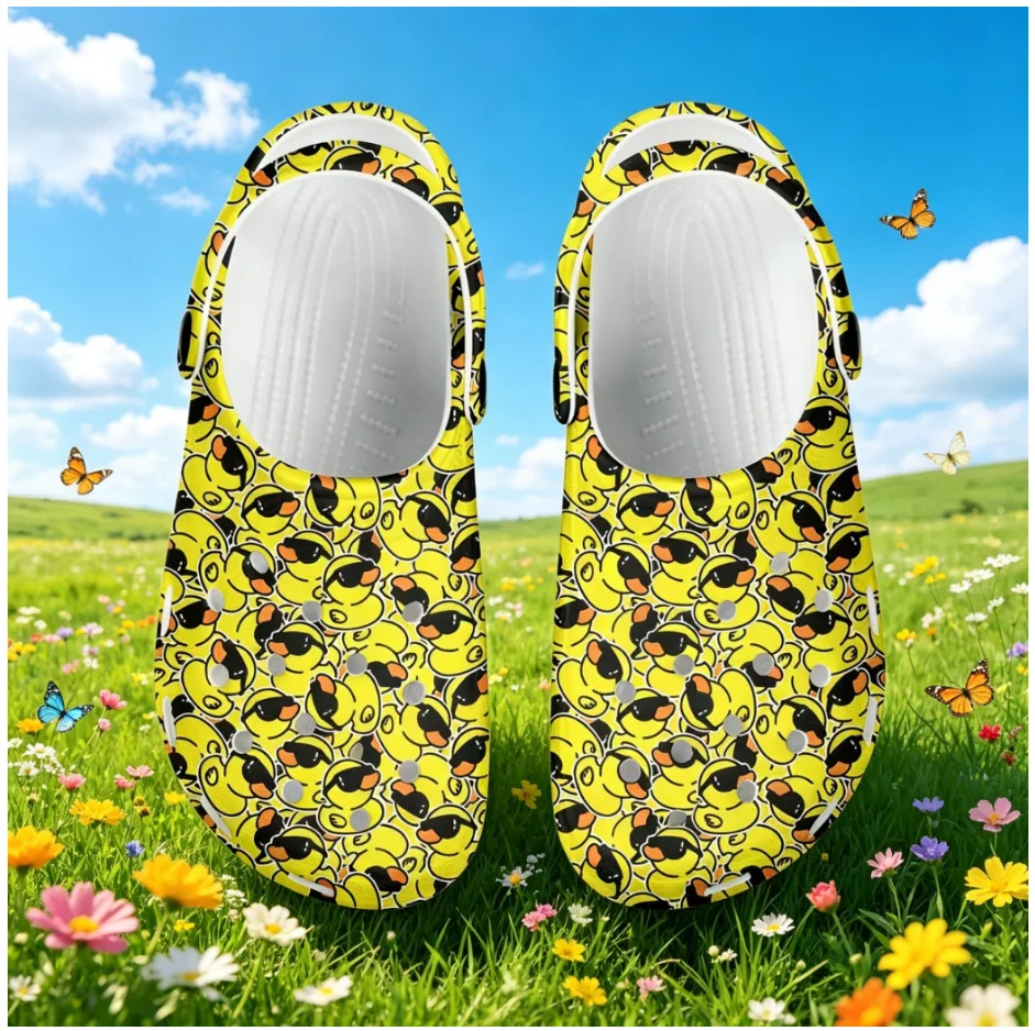 

Cartoon Duck Printed Clogs, Hollow Breathable Sandals, Cute Duck Art Pattern, Unisex Summer Beach Garden Slip On Shoes