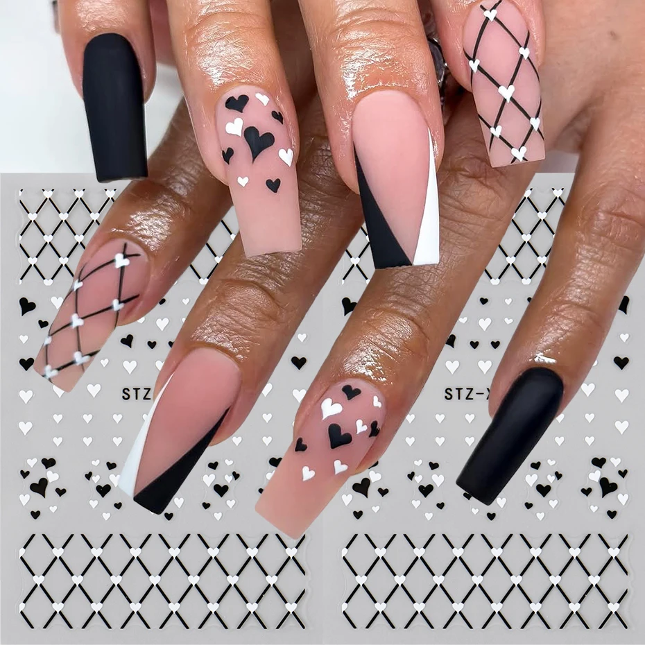 2/3개 블랙 화이트 러브 하트 네일 스티커 데칼 그리드 라인 프렌치 팁 발렌타인 네일 아트 데칼 슬라이더 포일 매니큐어 장식