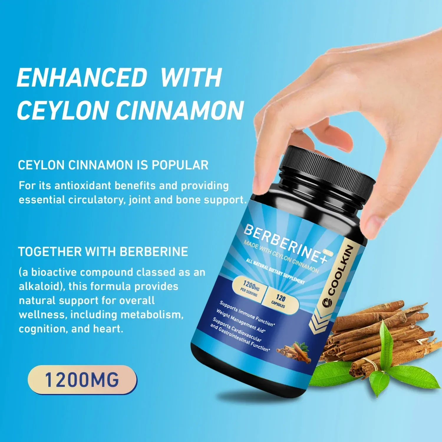 Premium Berberine HCl 1200 Mg Plus Organic Ceylon Cinnamon - Immune System Support, Weight Management Supplement