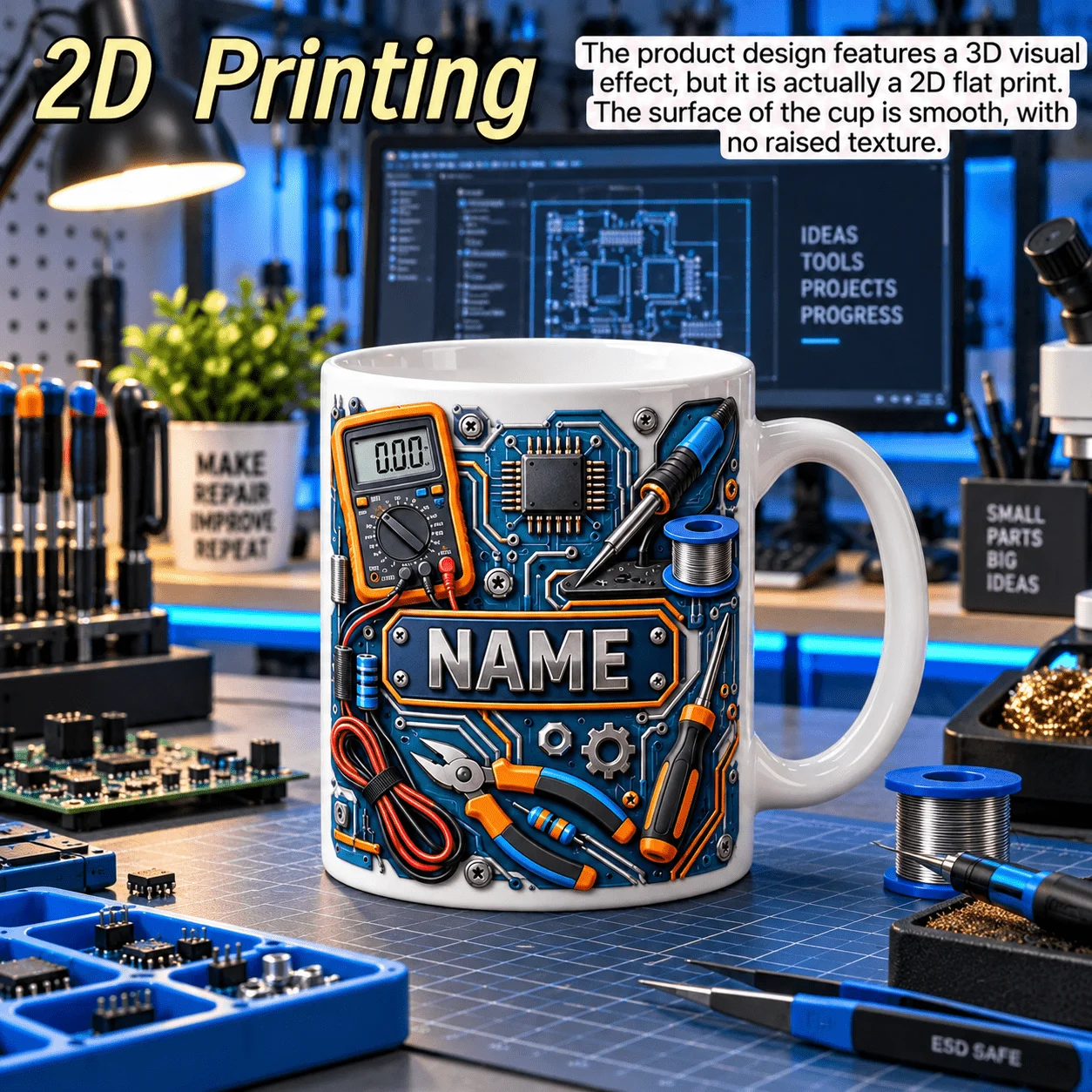 Personalized Electronics Repair Mug 11oz Custom Name Technician Ceramic Cup 2D Print Circuit Board Multimeter Novelty Gift for W