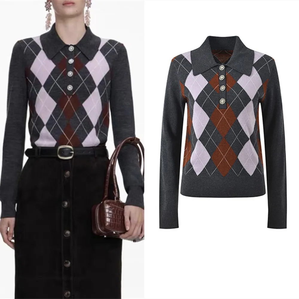 

High-End Version Collar Knitted Sweater Color Blo Slimming Vintage Sle Women's Long Sve Winter Faion Top