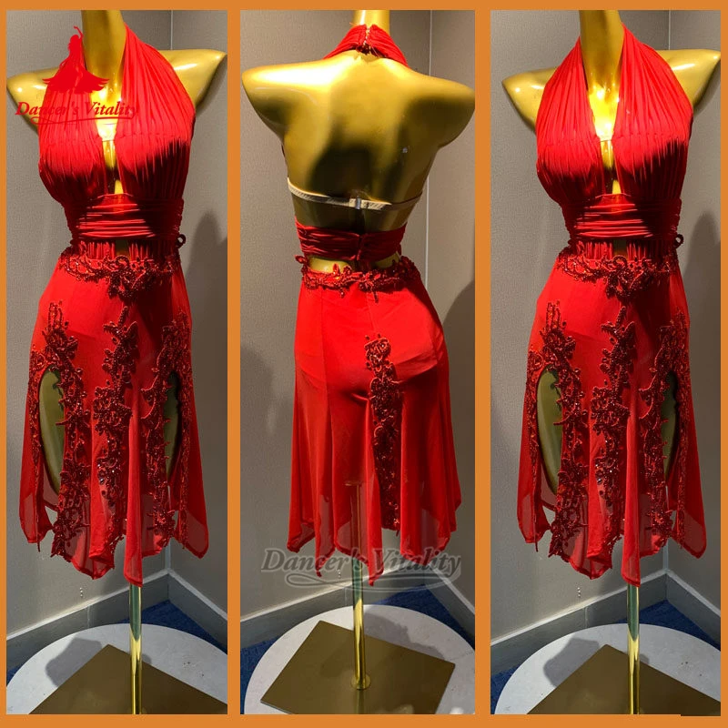 

Female Rumba Samba Sleeveless Hanging Neck Deep-V Dress Adult Latin Professional Performance Costume Customize Dancer's Vitality