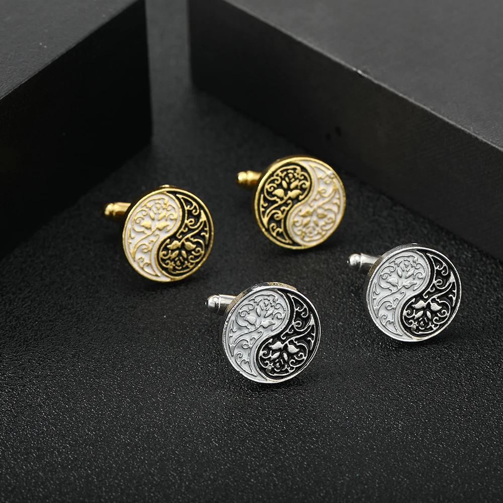 1 Pair Taiji Yinyang Cufflinks For Mens Black White Enamel Vintage Gold Silver Tones