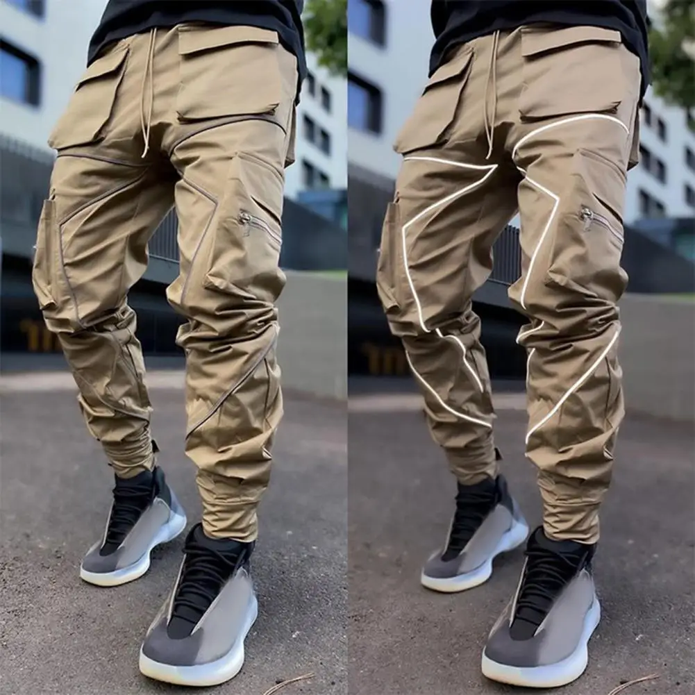 Cell Phone Pocket Pants Elastic Drawstring Waistband Pants Reflective Patchwork Cargo Pants for Men with Ankle Bands for Outdoor