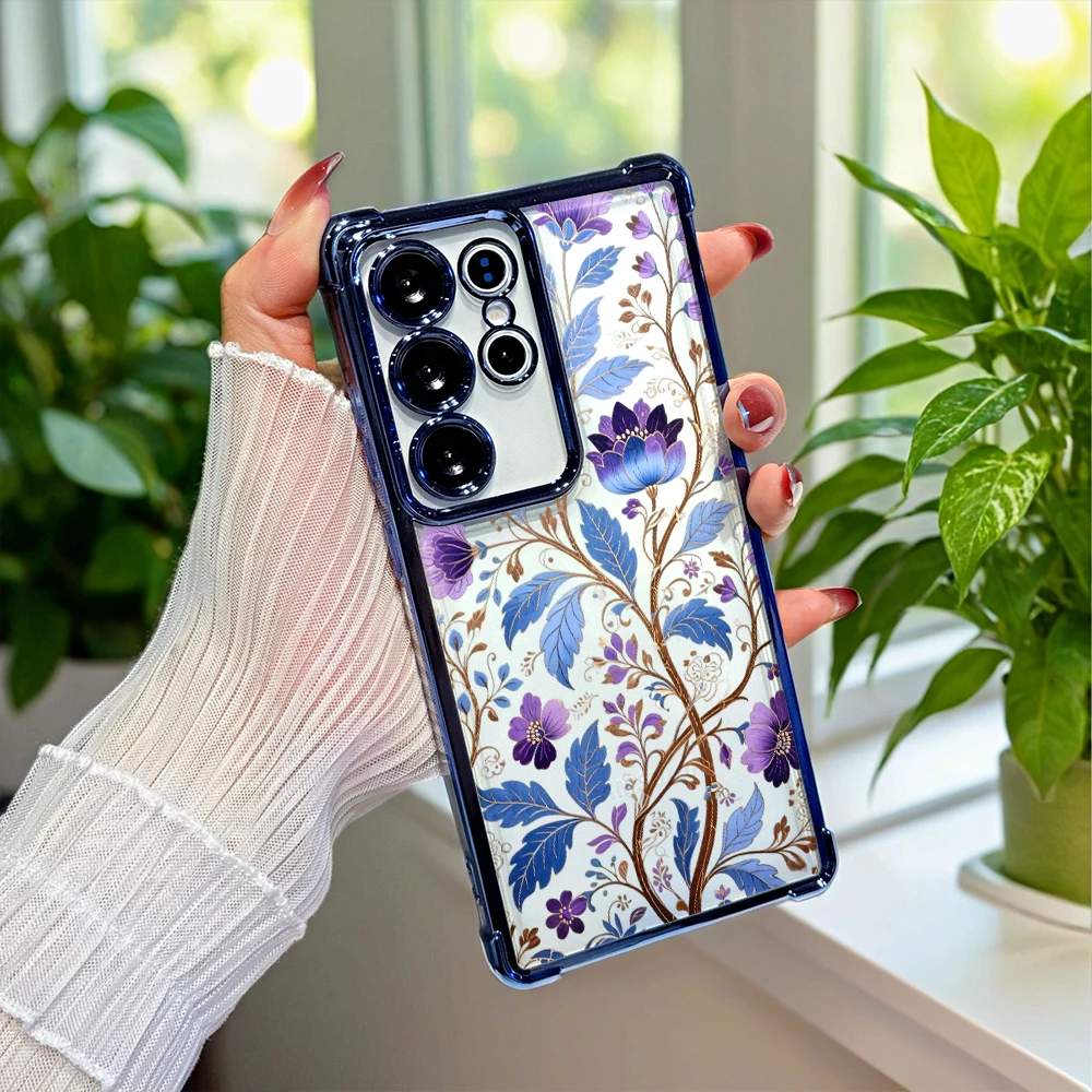 Purple Blue Floral Vines Soft Shockproof Phone Case For Samsung S26 S25 S24 S23 A Series Full Coverage Anti-Scratch Slim Cover