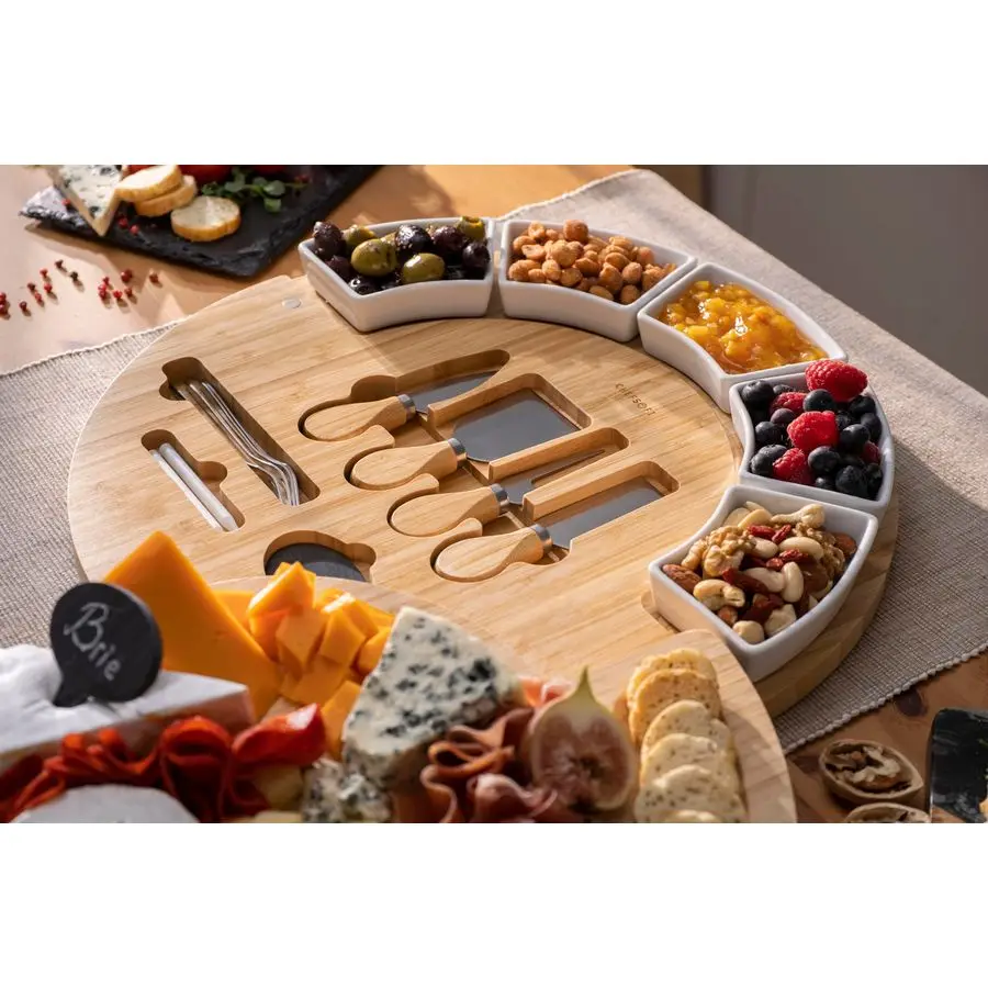 مجموعة ألواح الجبن والفطائر المصنوعة من خشب الخيزران ولوح تقطيع الجبن مقاس 16 بوصة حاصل على براءة اختراع الولايات المتحدة وسكين للترفيه