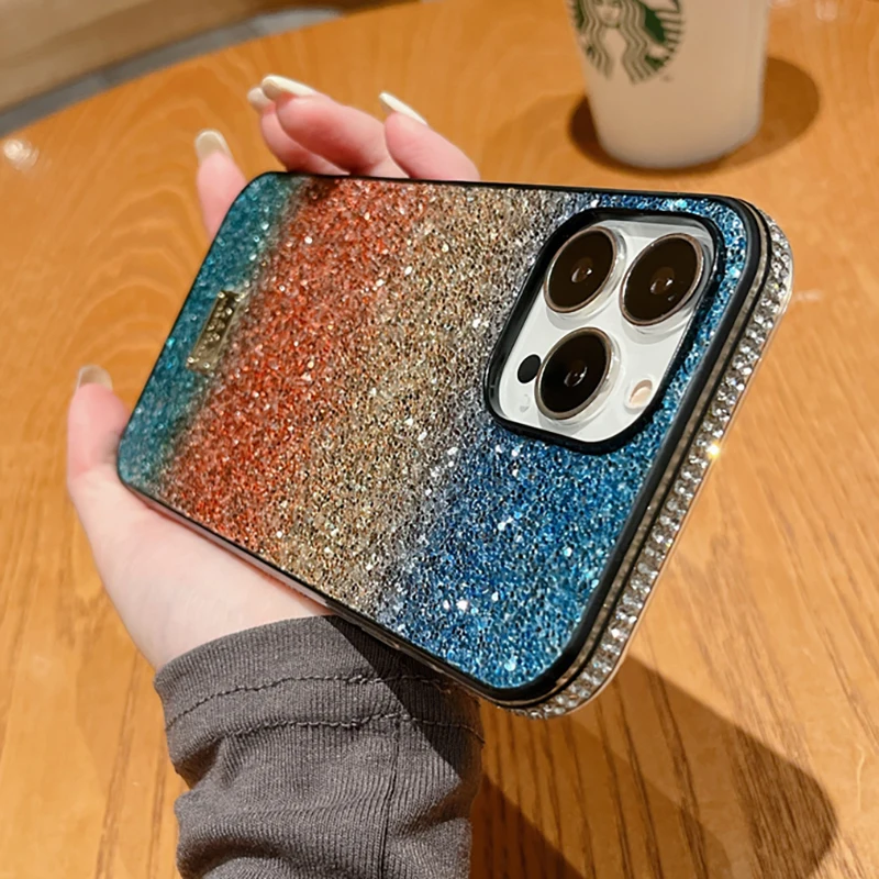 Funda de arcoíris degradado de cuatro colores para IPhone 16, 15, 13, 14, 12 Pro Max 11, funda trasera dura de silicona con purpurina y diamantes a prueba de golpes