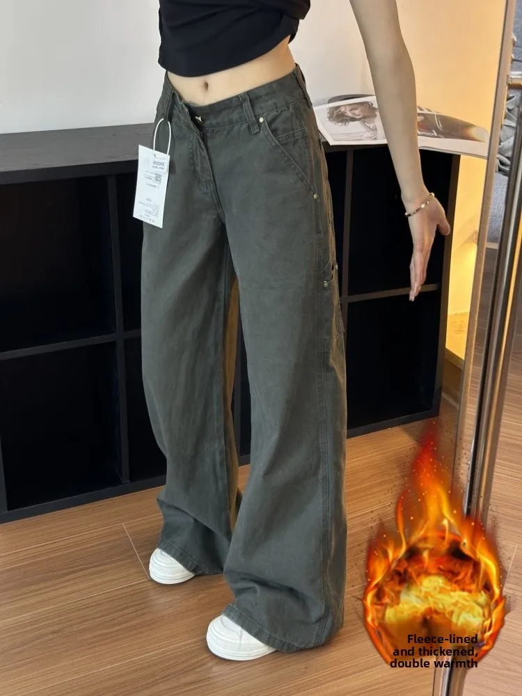 

plus Size Vintage Fleece Lined Thick Workwear Denim Pants High Waist Slim Straight Wide Leg Casual Trousers for Women