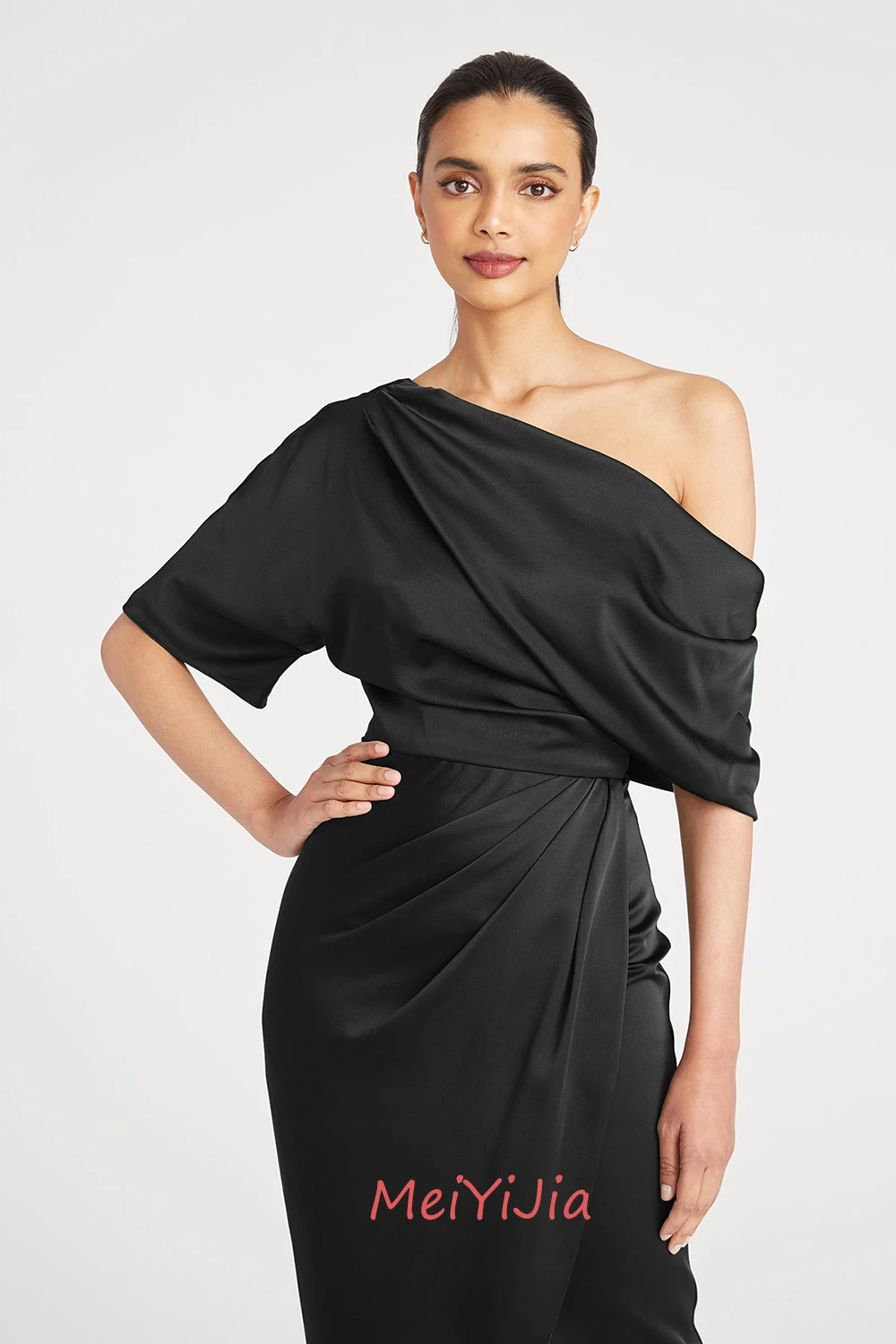 MeiYiJia One-Shoulder Ruffle Simple Satin Half-Sleeves Ankle-Length Saudi Arabia Sexy Evening Birthday Club Outfits Summer 2024