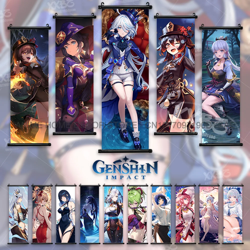 Game Genshin Impact Poster Sexy Anime Mona Home Decor Scroll Picture Sucrose Wall Art Decorative Hanging Painting Interior Mural