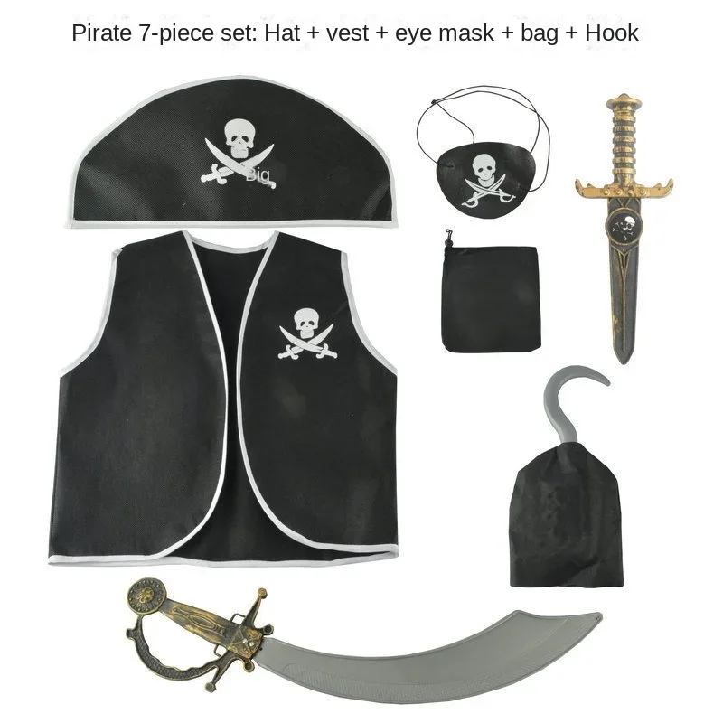 Kids Pirate Costume Black Vest with Eyeshade Hat Pirate Hook and Bag Set for Children Boy Halloween Theme Party Cosplay Dress Up