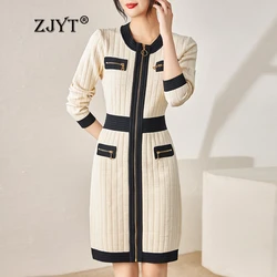 ZJYT Autumn Winter Color Block Knitting Sweater Dresses for Women Long Sleeve Mini Sheath Bodycon Dress Party Vestidos Black