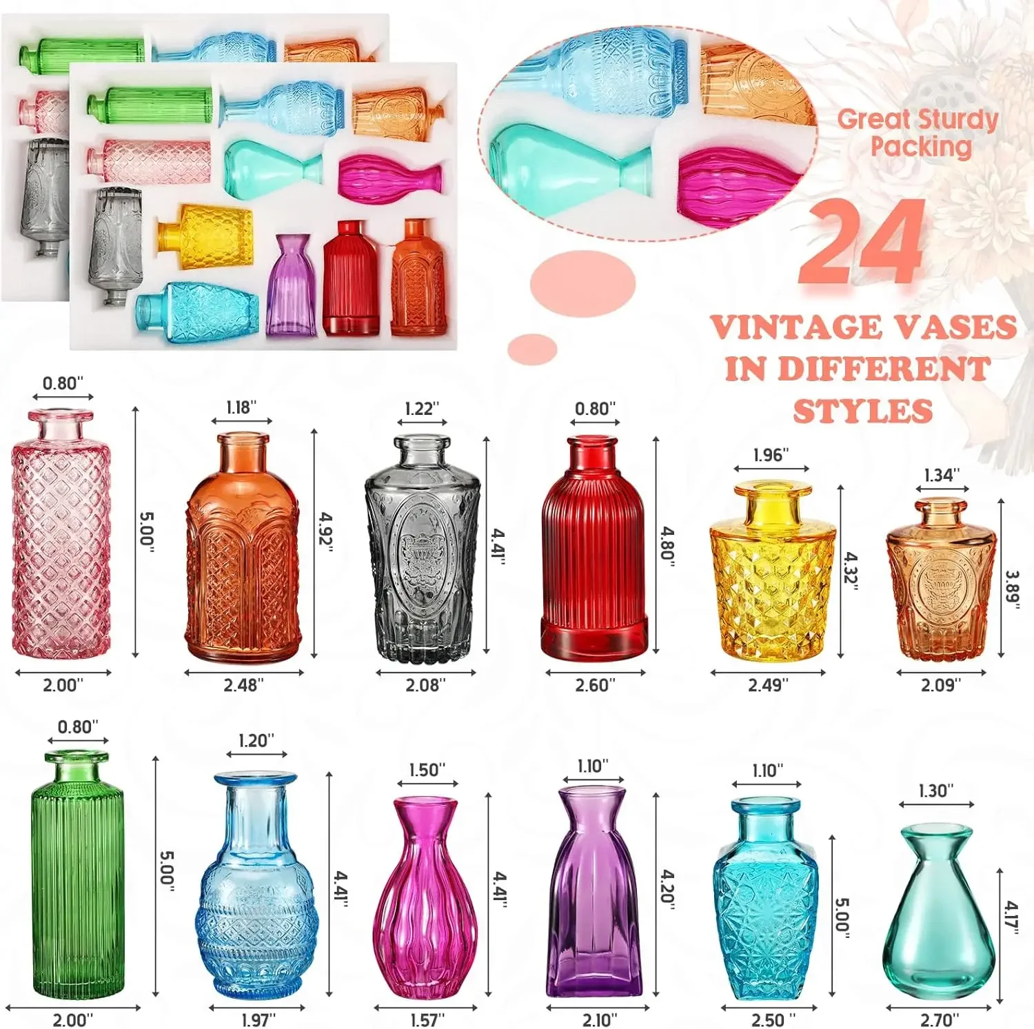 USA 24 Pieces Colored Small Vases Decorative Glass Bud Vases Rustic Embossed Colorful Vases Vintage Glass Bottles 12 Styles