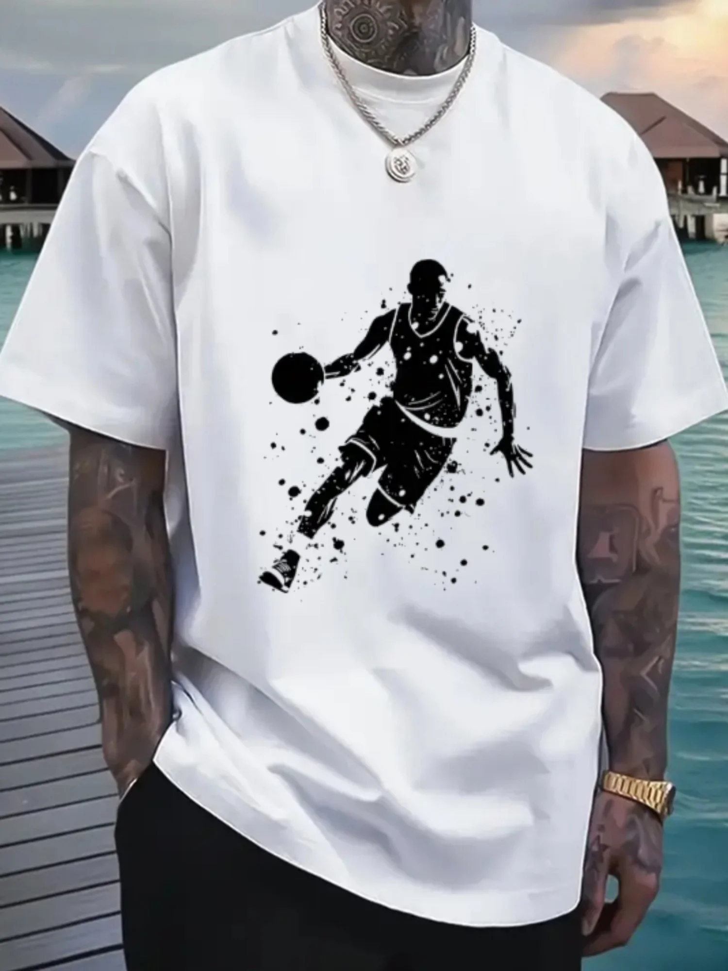 

Men S Basketball Print Cotton T-Shirt Regular Fit Casual Crew Neck Sweatshirt Comfortable Athletic Streetwear Top forOutdoor