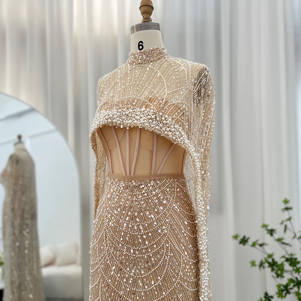 Sharon Said Luxus-Perlen Dubai Champagner Meerjungfrauen-Abendkleider mit Cape-Ärmeln Arabisches Hochzeits- und Abschlussballkleid SS369 Maßanfertigung – Detail 14