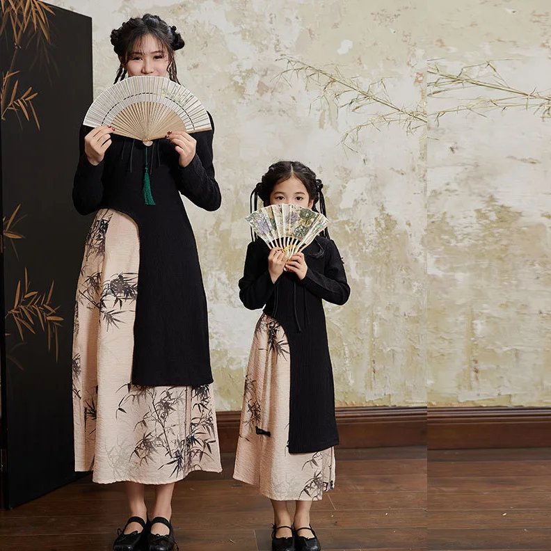 

Play Costume Together, Spring New Parent-Child Chinese Style Suit, Girl's Design Sense Qipao+Bamboo Skirt