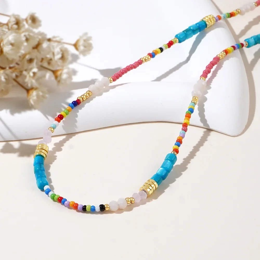 1PC Boho Beaded Necklaces For Women Dainty Colorful Summer Bohemian Mixed Bead Crystal Nekclace Choker Beach Jewelry