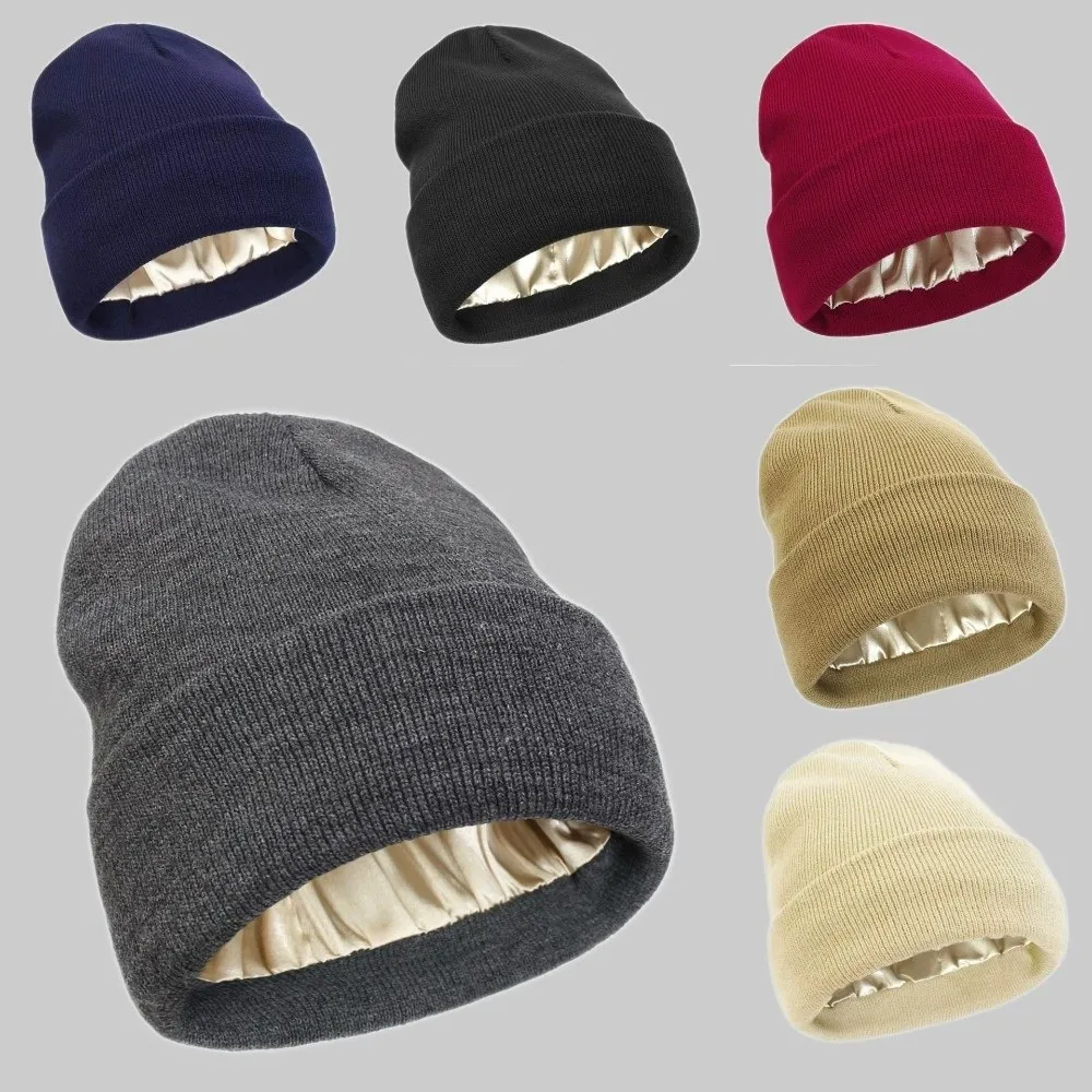 New Satin Satin Lined Beanie Cap Double Layer Knit Construction Slouchy Beanie Anti-Static Winter Hat For Women and Men