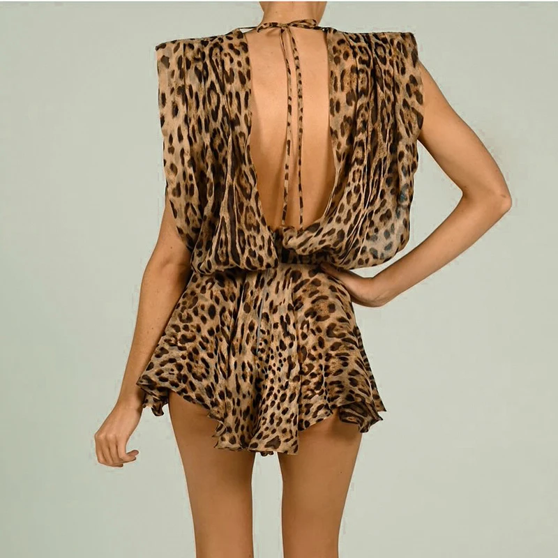 Leopard Print Low Cut Hollow Out Sleeveless Mini Dress Women High Waist Backless Lace Up Sundress Sexy Beach Vacation Robes