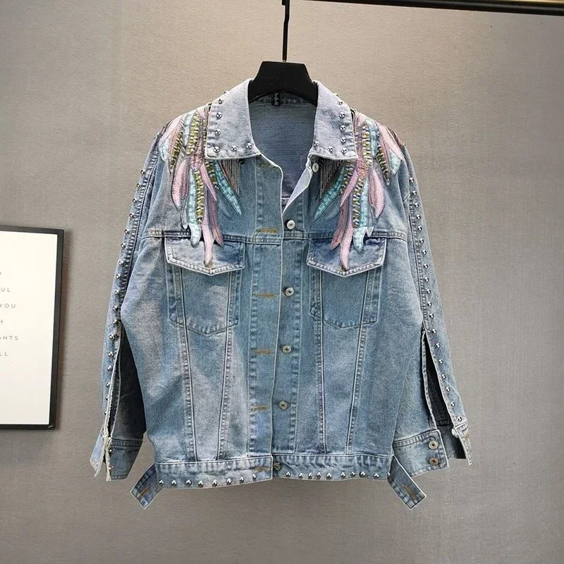 

2024 New AutumnFashion Rivet Woman Denim Jacket Long Sleeve Female Jackets Jeans Coat Beading Tassel Denim Coat Outerwear A383