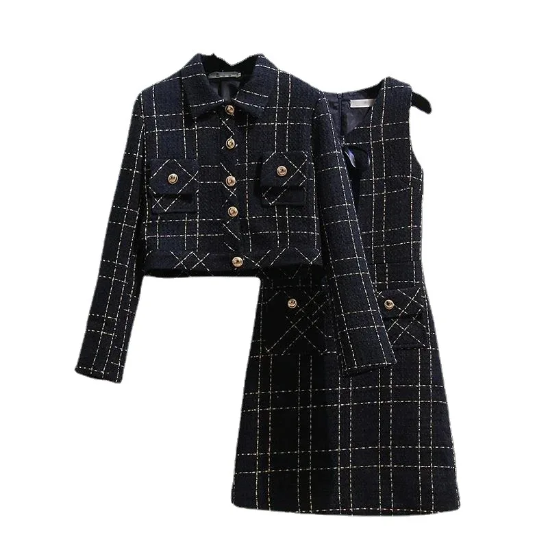 Tweed Long Sleeve Single Breasted Jacket Coat Elegant Fashion Casual Sleeveless Dresses Vintage Sweet Street Fashion New N599