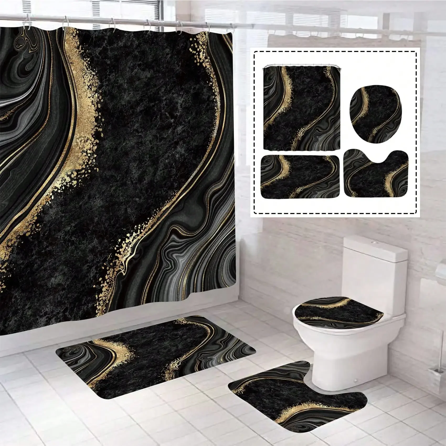 4Pcs Luxury Marble Shower Curtain Sets, Bathroom Sets with Shower Curtain, Toilet Lid Rug, Bath Mat and Contour Mat, Shower Curtain with 12 Hooks for Bathroom Set Decor 72 x 72 Inch, Black