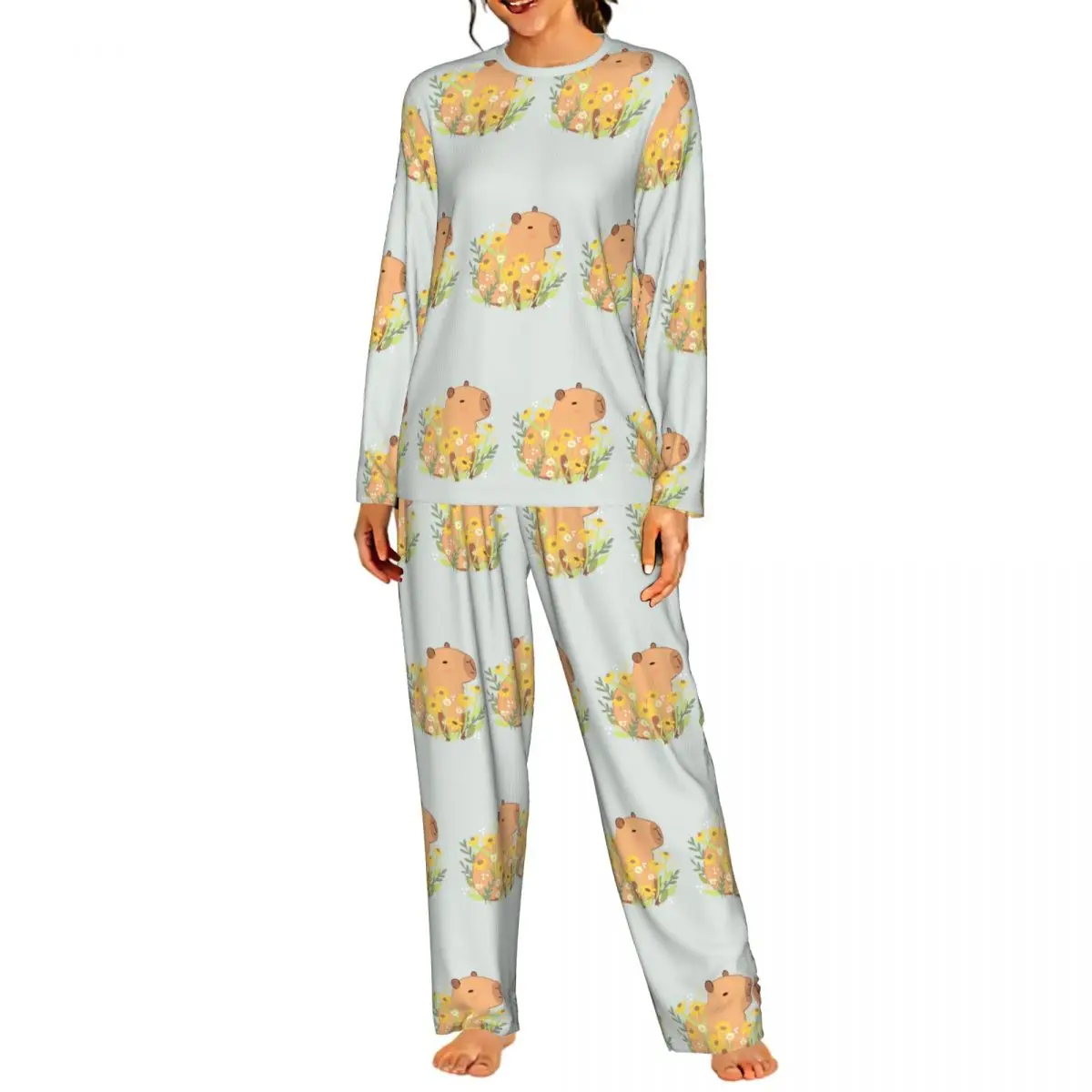 Capybara With Daisy Flowers Round Neck Long Sleeves Nightdress for Sleeping Sleepshirts Women Soft Pajama Set Long Pants