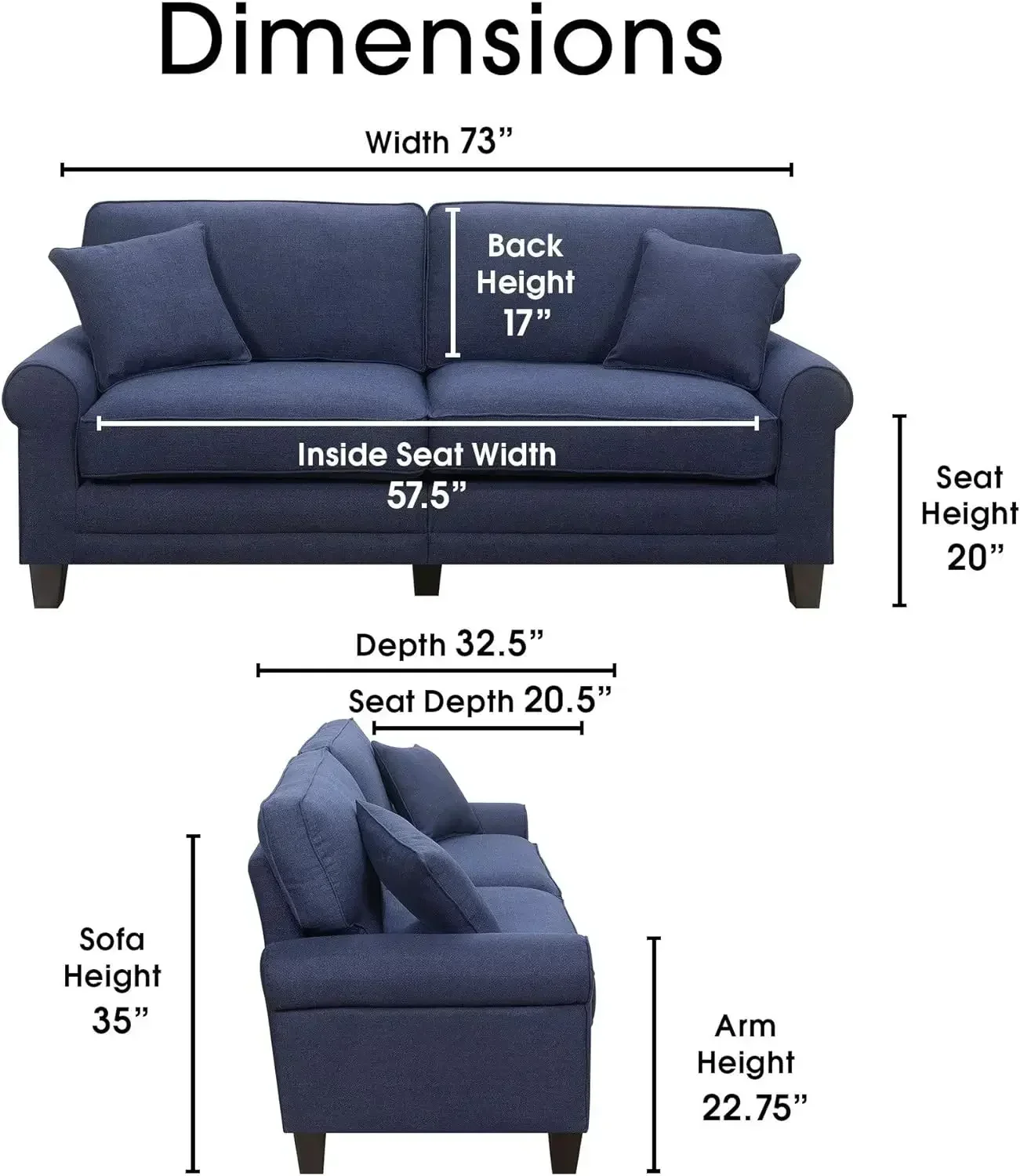 73 Sofa Couch for Two People, Pillowed Back Cushions and Rounded Arms, Durable Modern Upholstered Fabric, Navy