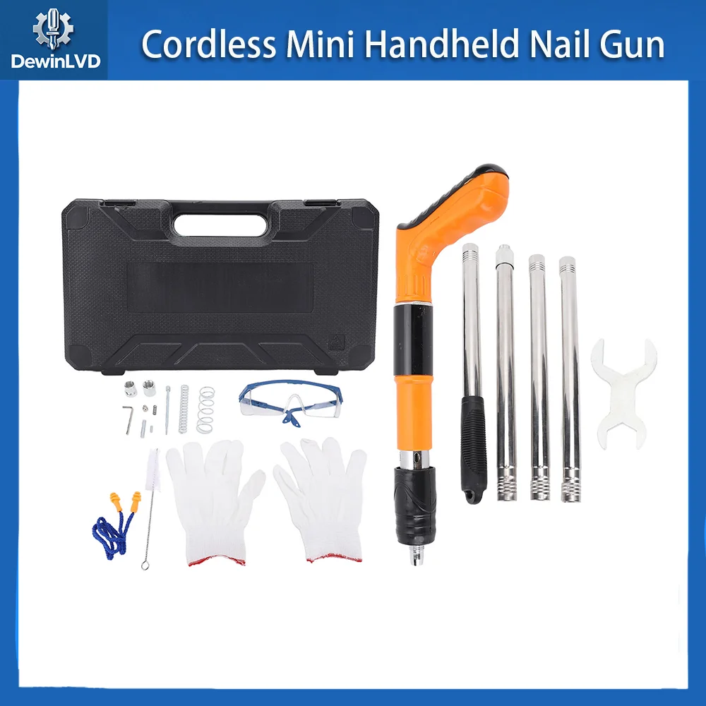 

Cordless Mini Handheld Nail Gun for Concrete 5 Power Settings with 4 Extension Rods Case for 7.3mm/4.2mm Nails M8 Threaded Studs
