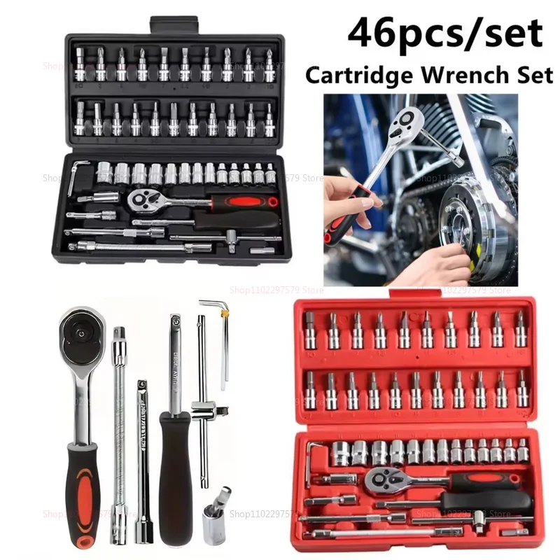 46 قطعة مجموعة أدوات إصلاح 1/4 بوصة مجموعة مقابس مع مفتاح عزم السقاطة أدوات إصلاح ميكانيكي السيارات للسيارات وصيانة السيارات
