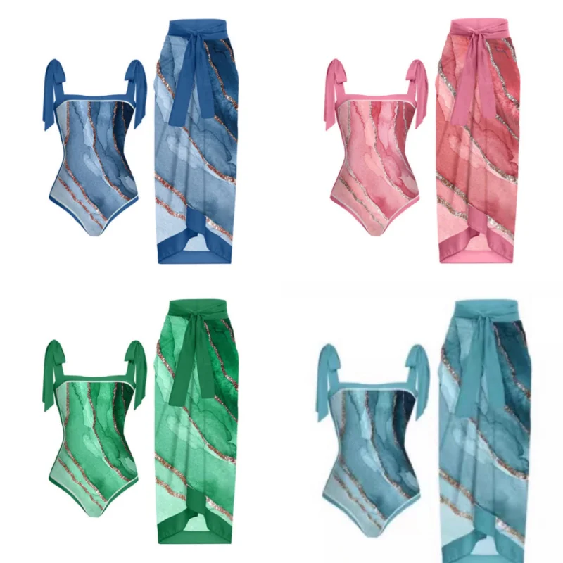 

2023 New Thermal Spring Bikini Swimsuit Strap Design Water Wave Pattern One-Piece Swimming Suit Set for Women Surfing Swimsuit