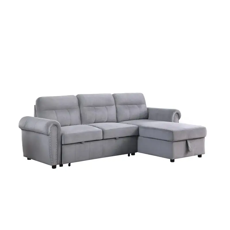 96.5" Gray Velvet Fabric Reversible Sleeper Sectional Sofa Chaise for Living Room, Modern Design, Comfortable and Versatile