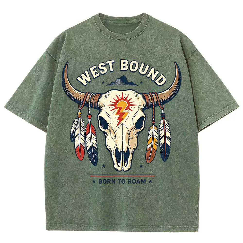 Men  Vintage Western Bull Skull Graphic T Shirt WEST BOUND Washed Cotton Oversized Short Sleeve Dark Grey Loose Casual Tops