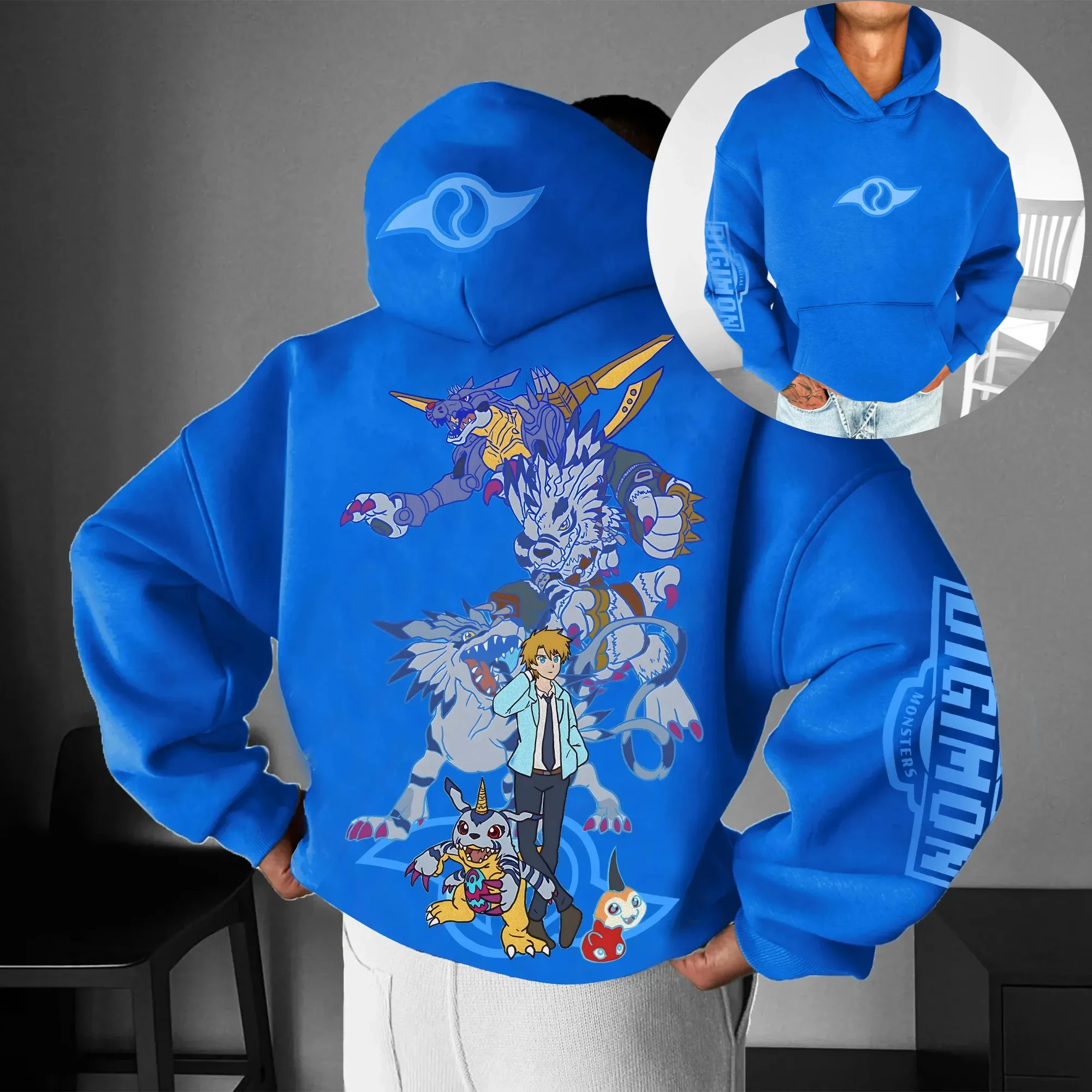Digimon Anime-Kapuzenpullover aus Baumwolle, blauer Farbcharakterdruck mit Tai Agumon Gabumon Group Dynamic Pose, mehrfarbiges Rückendesign