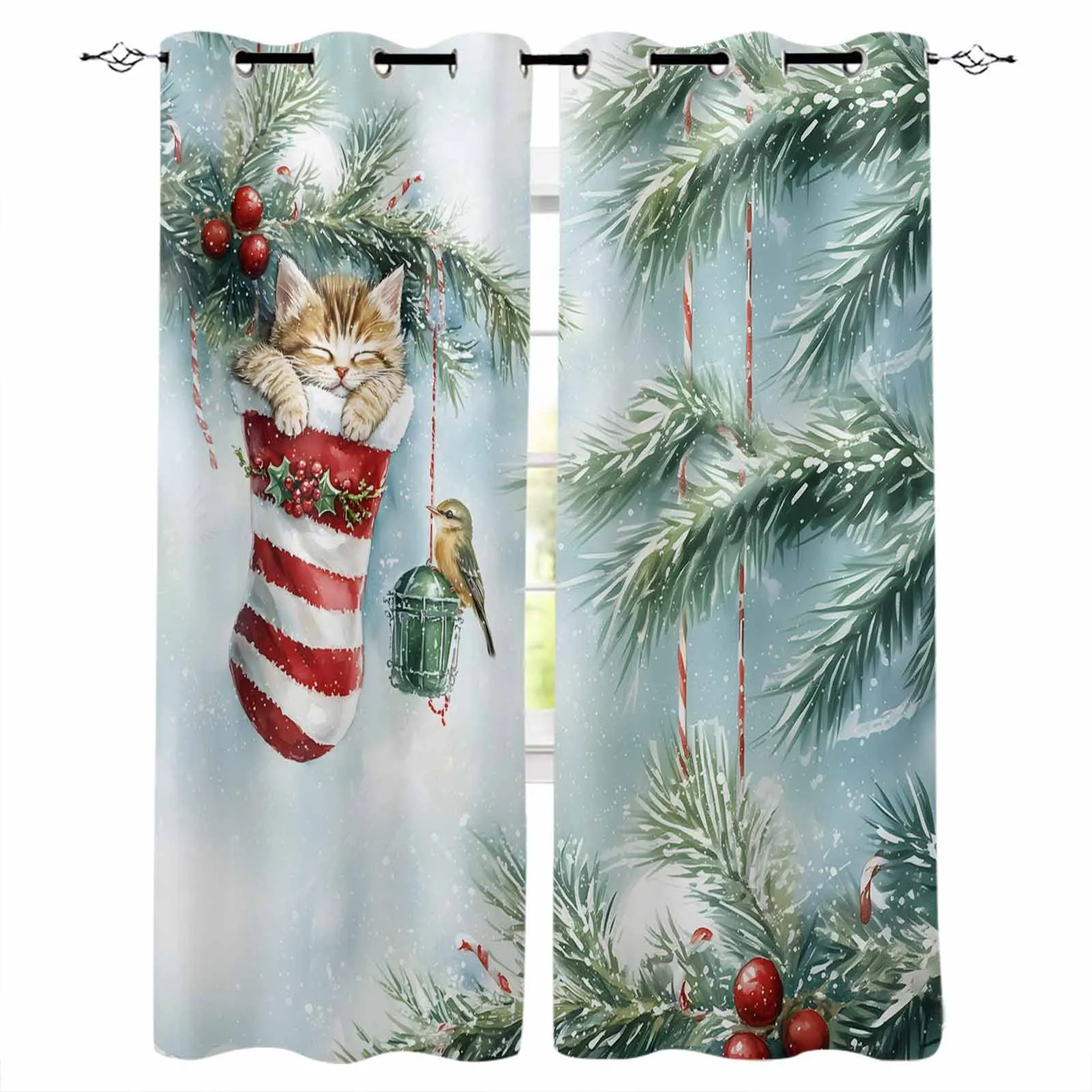 Christmas Cartoon Star Cat Christmas Socks Plants Curtains For Living Room Kids Bedroom Window Curtain Hall Drape Long Cortinas