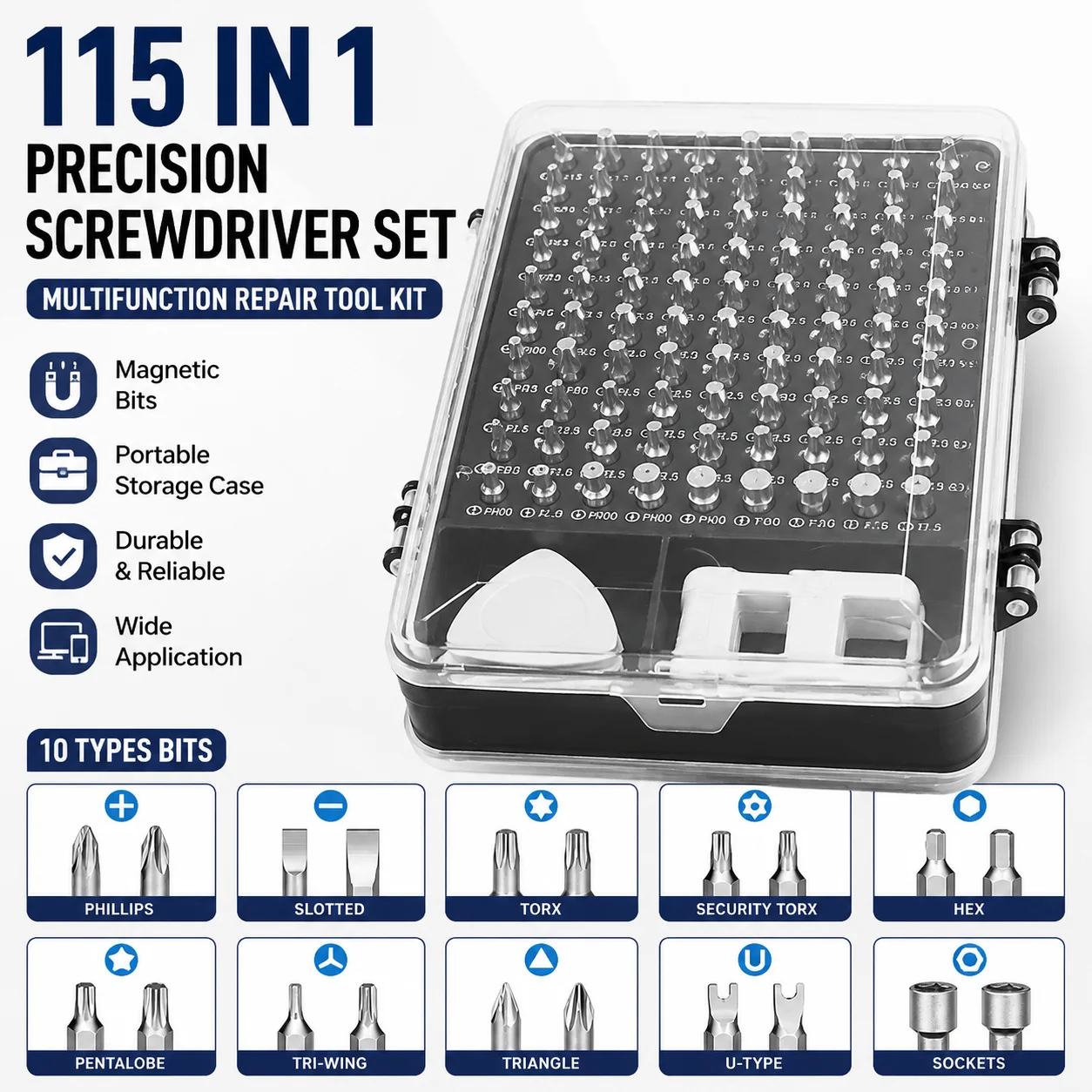 115PCS Precision Screwdriver Set Double Sided Storage Case Magnetic Bits Portable Repair Tool Kit for Phone Laptop Watch