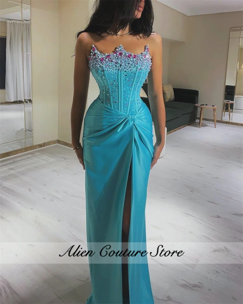 Shining Turquoise Mermaid Evening Dress Beading Crystal Pearls Sequins Split Party Dress For Special OccasionsVestido De