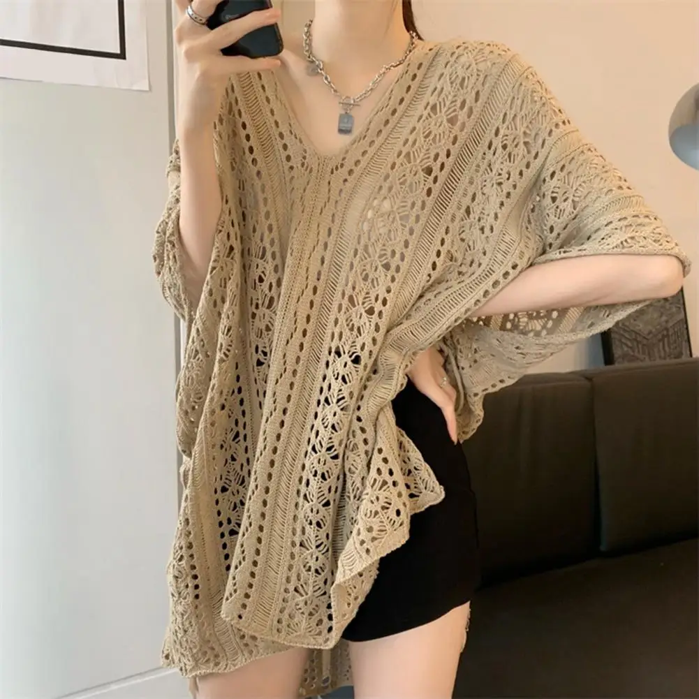 

Short Sleeve Tops V-neck Cover Up Dress for Beach Bikini Short Sleeve Hollow Out Summer Top Loose Fit Breathable Cover for Women