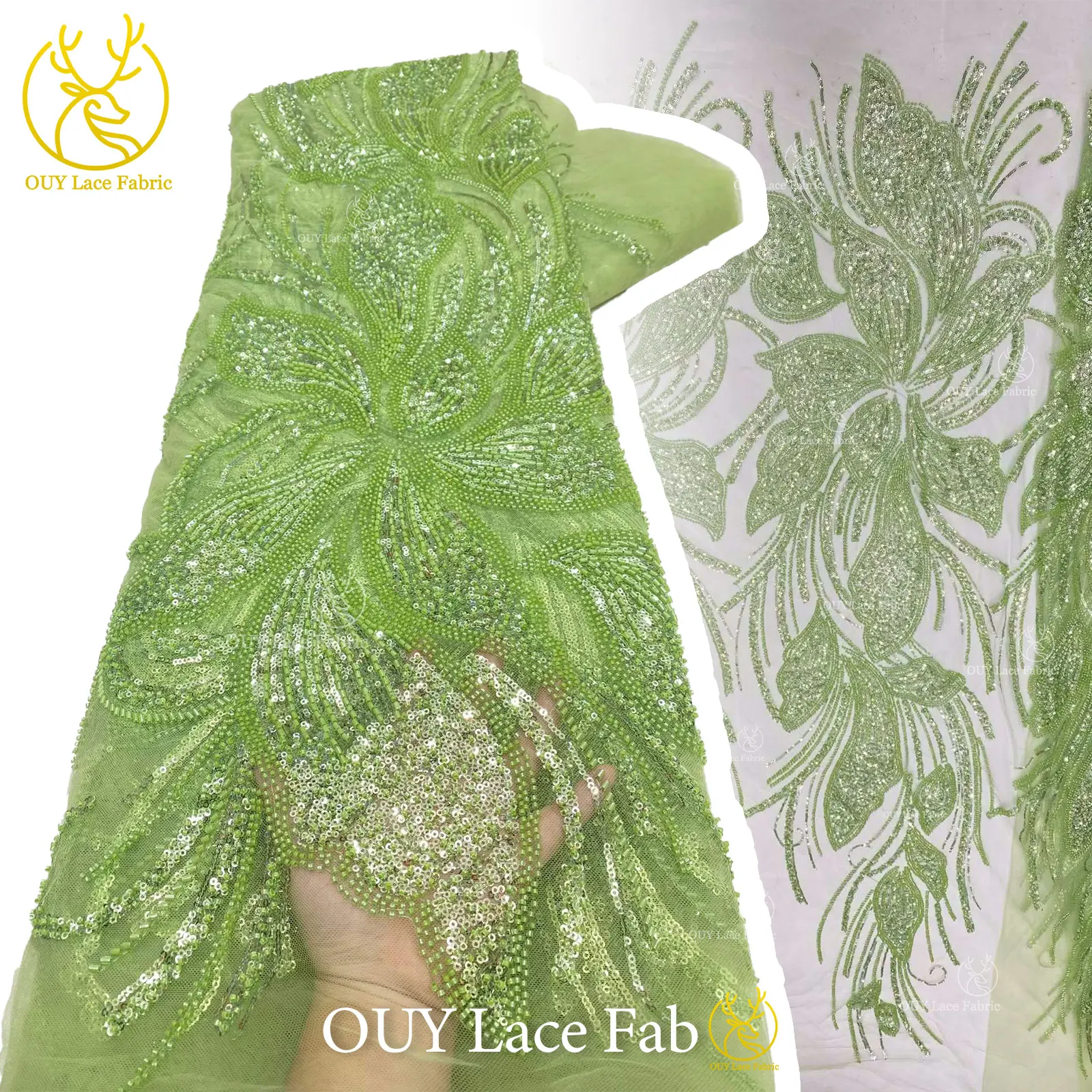 

High Quality African Groom Beaded Lace Fabric Green French Sequins Mesh Lace Fabric Nigerian Tulle Lace Women Wedding Dress