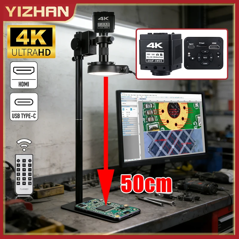 YIZHAN UHD 4K 60MP/48MP/13MP Digital Microscope for Soldering 1080P 60FPS Camera 150X Lens Ring Light Metal Base Stand Tools